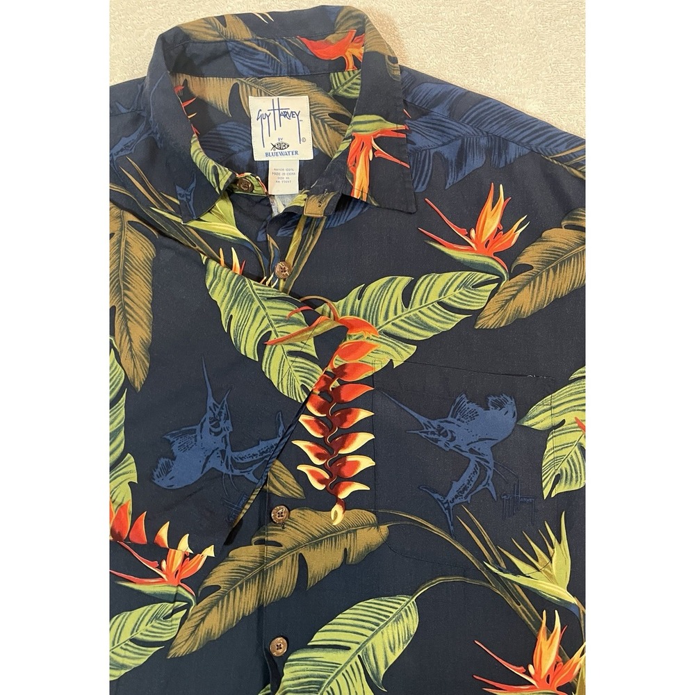 Guy Harvey AFTCO Bluewater Shirt‎ Men's XL 100% Rayon Navy Blue Hawaiian Button